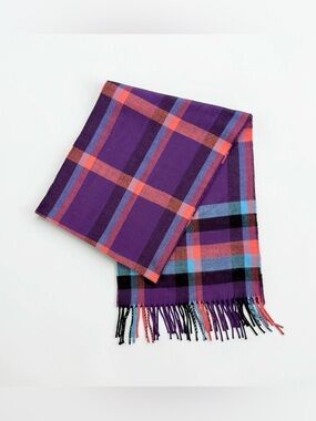 Cashmere & Viscose Blend Blue and Purple Plaid Scarf with Fringe - Italy Design